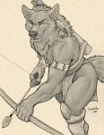  anthro arrow_(weapon) blue_eyes bottomwear bow_(weapon) canid canine canis claws clothing fangs footwear hi_res jewelry loincloth male mammal monochrome necklace quiver_(object) ranged_weapon restricted_palette richard_foley sepia solo teeth weapon wolf 
