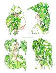  2boys 2girls androgynous artist_name collage dress green_dress green_hair green_hoodie green_shirt green_theme holding holding_plant hood hoodie ink_(medium) leaf light_frown long_hair looking_down looking_up maruti_bitamin monstera_deliciosa multiple_boys multiple_girls on_leaf original painting_(medium) plant red_eyes shirt short_hair simple_background sitting sleeveless sleeveless_dress smile traditional_media watercolor_(medium) white_background white_hair 
