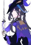  1girl ascot black_hair black_hat blue_hair breasts clorinde_(genshin_impact) from_side genshin_impact gloves hat holding holding_sword holding_weapon long_hair long_sleeves looking_at_viewer multicolored_hair onegingek profile purple_ascot purple_eyes simple_background solo sword tricorne upper_body weapon white_background white_gloves 