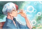  1boy blowing_bubbles blue_shirt blue_sky boku_no_hero_academia collared_shirt expressionless flower grey_eyes heterochromia highres leaf letterboxed male_focus michiru_mha multicolored_hair outdoors shirt sky solo todoroki_shouto tree tree_shade twitter_username two-tone_hair upper_body 