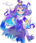  1girl :3 acerola_(pokemon) armlet blush closed_mouth commentary_request dress hair_ornament hairclip hands_on_own_hips highres looking_at_viewer pokemon pokemon_sm purple_dress purple_eyes purple_hair short_hair short_sleeves smile solo sumeragi1101 white_background 