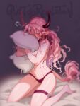 2024 animal_humanoid athletic athletic_female breasts clothed clothing curled_hair female flustered ghost_revolution hair hi_res horn hug hugging_object hugging_pillow humanoid mostly_nude panties panties_only pavi_(ghost_revolution) pillow pink_hair solo tail tail_tuft topless tuft underwear underwear_only yajuuraku 