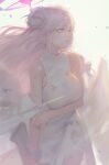  1girl angel_wings arm_under_breasts blue_archive blue_bow bow breasts capelet commentary cuts dress english_commentary flower ggymj hair_bun hair_flower hair_ornament hair_ribbon halo highres injury large_breasts long_hair looking_to_the_side low_wings mika_(blue_archive) pink_hair pink_halo purple_flower ribbon scrunchie simple_background single_side_bun sleeveless sleeveless_dress solo tearing_up white_background white_capelet white_ribbon wings wrist_scrunchie yellow_eyes 