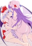  2girls ascot ass bat_wings blue_hair blush bow crescent crescent_hair_ornament crescent_hat_ornament dress eichi_yuu embodiment_of_scarlet_devil hair_bow hair_ornament hat hat_ornament hat_ribbon long_hair mob_cap multiple_girls partially_undressed patchouli_knowledge puffy_sleeves purple_eyes purple_hair red_ascot red_eyes remilia_scarlet ribbon short_hair short_sleeves sitting sitting_on_person smile striped_clothes striped_dress touhou wings yuri 