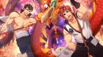 2boys abs bara belt black_hair covered_abs dragon elephant festival fireworks full_service_(mazjojo) gloves gyee headband kacha kovit_chaiyarit male_focus manly mazjojo multiple_boys muscular muscular_male nipples official_art pants pectoral_cleavage pectorals rald_schwarz rand_(gyee) red_eyes red_hair smile thick_arms thick_eyebrows tight topless topless_male yellow_eyes 