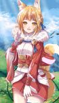  1girl :d animal_ear_fluff animal_ears blonde_hair blue_sky breasts cloud cowboy_shot day eyelashes fang fingerless_gloves fire_emblem fire_emblem_fates fox_ears fox_girl fox_tail fur_collar fuussu_(21-kazin) gloves hair_ornament hand_up hill jacket japanese_clothes kimono long_sleeves medium_breasts miniskirt multicolored_hair open_clothes open_jacket open_mouth orange_hair outdoors red_jacket red_skirt selkie_(fire_emblem) short_hair skirt sky smile solo streaked_hair tail tail_raised tassel two-tone_hair white_gloves white_kimono wide_sleeves yellow_eyes 