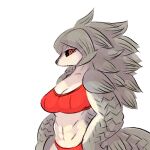  0oita 1:1 anthro biped black_sclera bra breasts clothed clothing countershading female grey_body grey_hair grey_scales hair half-length_portrait hand_on_hip long_hair looking_at_viewer mammal medium_breasts pangolin panties pengrim_pholidota portrait red_eyes scales simple_background solo underwear underwear_only white_background white_body white_countershading 