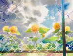  blue_sky broken chain-link_fence cloud cloudy_sky dandelion day didi_daisukedoi fence flower highres leaf no_humans original painting_(medium) plant sky sunlight traditional_media watercolor_(medium) yellow_flower 