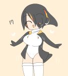  1girl black_hair black_jacket blush_stickers breasts chibi closed_eyes commentary_request cowboy_shot emperor_penguin_(kemono_friends) hair_between_eyes hair_over_one_eye headphones heart jacket kemono_friends large_breasts lets0020 long_bangs multicolored_hair numbered one-piece_swimsuit open_clothes open_jacket open_mouth orange_hair short_hair simple_background smile solo streaked_hair swimsuit thighhighs white_one-piece_swimsuit white_thighhighs yellow_background 