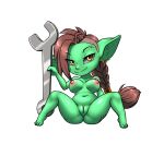  braided_hair breasts brown_hair ear_piercing ear_ring female furball_(artist) genitals goblin hair holding_object holding_tool holding_wrench humanoid not_furry nude piercing pussy short_stack simple_background solo spread_legs spreading tools white_background wrench 