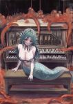  1girl absurdres bare_shoulders bench black_souls blue_eyes blue_hair blue_nails bra breasts cleavage fins fish_tail highres instrument jewelry large_breasts little_mermaid_(black_souls) looking_at_viewer mermaid monster_girl navel necklace open_mouth organ_(instrument) ropeperson sitting smile solo tail tentacles underwear 