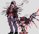  ... 2boys aimf alex_mercer claws crossover energy_wings gloves grey_background hood hood_up jacket looking_at_another multiple_boys pants prototype_(game) shaded_face shadow_the_hedgehog sonic_(series) standing sweat 