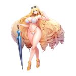  1girl arm_up bangs bare_arms bare_legs bare_shoulders big_hair bikini blonde_hair blue_eyes blush breasts charlotte_(last_origin) closed_umbrella curly_hair curvy drill_hair eyebrows_visible_through_hair eyewear_on_head full_body game_cg gem gold_bikini gold_swimsuit groin high_heels highleg highleg_bikini highres huge_breasts jewelry last_origin long_hair looking_at_viewer micro_bikini midriff navel official_art one-piece_swimsuit open_mouth revealing_clothes skindentation smile snowball22 solo standing stomach string_bikini sunglasses swimsuit tachi-e thick_thighs thighs transparent_background umbrella very_long_hair wide_hips 
