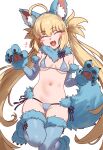  1girl :d alternate_color animal_ears animal_hands artoria_caster_(fate) artoria_pendragon_(fate) bikini blonde_hair blue_bikini blue_gloves blue_thighhighs blush_stickers breasts claw_pose closed_eyes cosplay ebora elbow_gloves facing_viewer fake_animal_ears fake_tail fang fate/grand_order fate_(series) fur-trimmed_gloves fur-trimmed_legwear fur_collar fur_trim gloves highres long_hair low_twintails mash_kyrielight mash_kyrielight_(dangerous_beast) mash_kyrielight_(dangerous_beast)_(cosplay) navel paw_gloves revealing_clothes side-tie_bikini_bottom skin_fang small_breasts smile solo string_bikini swimsuit tail thighhighs twintails white_background wolf_ears wolf_tail 