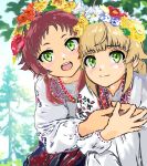  2girls blonde_hair bluefox71e blush closed_mouth commentary_request day eyebrows_visible_through_hair green_eyes head_wreath kei_e419 long_hair multiple_girls open_mouth original outdoors red_hair smile teeth traditional_clothes tree ukraine upper_body upper_teeth 