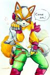 anthro beckoning bottomwear bulge canid canine clothed clothing dialogue fingerless_gloves fluffy fluffy_tail fox fox_mccloud fur gesture gloves green_eyes gun handwear headgear hi_res holster humanoid_hands inviting jacket male mammal nintendo open_bottomwear open_clothing open_jacket open_pants open_topwear orange_body orange_fur pants ranged_weapon scouter seductive solo star_fox tail text topwear traditional_media_(artwork) ulala_ko weapon