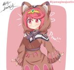  1girl absurdres animal_ears animal_hood bangs breasts brown_hood brown_hoodie cat_ears disguised_pyra_(xenoblade) highres hood hoodie large_breasts pyra_(xenoblade) raccoon_costume raccoon_hood red_eyes red_hair short_hair solo swept_bangs xenoblade_chronicles_(series) xenoblade_chronicles_2 yamagiwajustin 