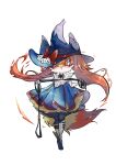  1girl :&lt; absurdres animal_ear_headwear animal_nose arm_up asymmetrical_footwear bangs black_fur blue_dress blue_headwear blush body_fur boots bow braixen brooch chinese_commentary closed_mouth clothed_pokemon commentary_request detached_collar dress fang fang_out fire flat_chest fox_girl fox_tail full_body fur_collar furry furry_female hand_up hat hat_bow highres holding jewelry knee_boots leash legs_together long_hair looking_at_viewer mismatched_footwear orange_eyes outstretched_arm pawpads pokemon pokemon_(creature) red_bow red_hair shiny shiny_hair short_dress sidelocks solo standing strapless strapless_dress tail transparent_background white_footwear white_fur witch_hat xiao_jiang_he_shannai yellow_fur 