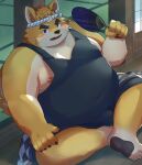  2024 absurd_res anthro belly bulge canid canine canis detailed_background domestic_dog en_1_9 hi_res kemono male mammal moobs musashi_(tamacolle) nipples overweight overweight_male sitting solo tamacolle 