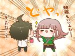  1boy 1girl ahoge arms_up backlighting belt_buckle black_eyes black_pants boots breasts brown_hair buckle can character_request chibi collar commentary_request copyright_request cosplay danganronpa_(series) danganronpa_2:_goodbye_despair drink_can emphasis_lines eyelashes from_behind galaga gloves gold_belt green_footwear green_shirt hair_ornament hairclip hinata_hajime holding holding_can knee_boots large_breasts light_blush long_hair long_sleeves nanami_chiaki open_mouth orange_background pants patterned_background pink_hair sheath sheathed shirt shoes short_hair short_sleeves simple_background smile soda_can solid_oval_eyes sparkle spiked_hair sweatdrop sword translation_request v-shaped_eyebrows weapon white_collar white_footwear white_gloves white_shirt yumaru_(marumarumaru) 