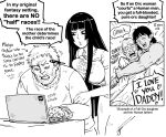  1boy 2boys 2girls absurdres bb_(baalbuddy) black_hair breasts computer english_text fight_club greyscale highres hime_cut hime_cut_wife_(baalbuddy) hug laptop large_breasts looking_at_object monochrome multiple_boys multiple_girls orc original speech_bubble typing 