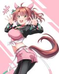  +++ 1girl :d animal_ears belt black_pantyhose breasts brown_hair dantsu_flame_(umamusume) ear_covers from_side highres horse_ears horse_girl horse_tail large_breasts looking_at_viewer looking_to_the_side medium_hair midriff multicolored_hair pantyhose pink_shorts ponytail shirt shorts sinosinof smile solo tail tail_through_clothes tied_shirt twitter_username two-tone_hair umamusume white_belt white_hair yellow_eyes 