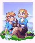  blonde_hair blue_eyes boots breath_of_the_wild clothing cloud day duo elf female fingerless_gloves flower footwear gloves grass green_eyes hair handwear hi_res humanoid humanoid_pointy_ears hylian light_body light_skin link lou_lubally male nintendo not_furry open_mouth open_smile plant princess_zelda sheikah_slate sitting smile sparkles tablet_computer the_legend_of_zelda 