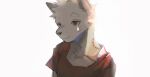  2022 anthro biped bite_mark blue_eyes bodily_fluids canid canine canis fur heterochromia hi_res itooku itooku_(character) male mammal red_eyes slim_anthro slim_male solo teardrop tears white_body white_fur wolf 
