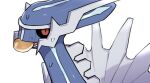  black_sclera colored_sclera commentary_request dialga gaeguribanchan looking_at_viewer mouth_hold no_humans pokemon pokemon_(creature) red_eyes simple_background solo sweat upper_body white_background 