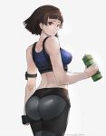  1girl arm_strap ass back black_pants blue_sports_bra blunt_bangs bottle braid breasts brown_hair cowboy_shot crown_braid from_behind highres holding holding_phone looking_back medium_breasts midriff niijima_makoto pants parted_lips persona persona_5 phone red_eyes simple_background solo sports_bra tommy_(kingdukeee) water_bottle white_background yoga_pants 