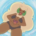  2024 anthro biped blush breasts brown_body butt butt_from_the_front cleavage clothed clothing eyes_closed female fur generation_5_pokemon green_body hi_res low-angle_view navel nintendo open_mouth open_smile pokemon pokemon_(species) sky smile snackbunnii solo swimwear tan_body tan_fur tongue whimsicott 