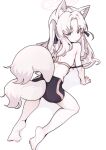  1girl absurdres all_fours animal_ears barefoot black_shorts blue_archive blush closed_mouth fox_ears fox_tail grey_eyes halo highres kuzunoha_(blue_archive) long_hair multiple_tails pearlgang_e pink_halo short_eyebrows shorts simple_background soles solo tail two_tails white_background white_hair 