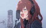  1girl :d aroha_j blue_jacket blush bocchi_the_rock! cable color_banding eyelashes green_eyes grey_background hair_between_eyes hair_over_one_eye hasegawa_ikumi headphones highres jacket kita_ikuyo microphone microphone_stand music one_eye_covered open_clothes open_jacket open_mouth pop_filter portrait real_life red_hair side_ponytail sidelocks simple_background singing smile solo sony studio_microphone sweat sweater the_first_take turtleneck turtleneck_sweater voice_actor voice_actor_connection 