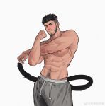  1boy abs absurdres animal_ears bara beard blue_hair blush body_hair cat_boy clenched_hand closed_mouth facial_hair grey_pants hand_up highres kuroshima_kurishiro_(muyi24108414) male_focus mature_male muscular muscular_male navel navel_hair nipples original pants pectorals short_hair simple_background solo standing tail topless_male white_background 