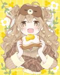  1girl blush bow bread bread_slice brown_eyes cropped_torso double_bun eating egg eyewear_on_head fangs flower food fried_egg fried_egg_on_toast hair_bow hair_bun highres holding holding_food long_hair long_sleeves open_mouth original plaid shamo3 sleep_mask solo toast two_side_up 