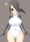  1girl ? black_eyes black_hair black_jacket breasts commentary_request cowboy_shot emperor_penguin_(kemono_friends) hair_between_eyes hair_over_one_eye headphones jacket kemono_friends large_breasts lets0020 long_bangs looking_at_viewer multicolored_hair numbered one-piece_swimsuit open_clothes open_jacket open_mouth orange_hair short_hair solo streaked_hair swimsuit white_one-piece_swimsuit 