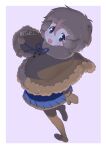  1girl absurdres brown_hair capelet from_above fur-trimmed_capelet fur_trim grey_eyes highres kemono_friends looking_back masuyama_ryou mittens multicolored_hair north_island_brown_kiwi_(kemono_friends) open_mouth pantyhose pom_pom_(clothes) red_hair skirt smile solo standing standing_on_one_leg streaked_hair 