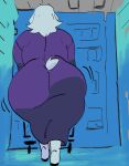 absurd_res anthro big_butt boss_monster_(undertale) bovid butt caprine clothed clothing dress female fully_clothed fur furgonomics goat grocery_store hair hi_res horn huge_butt mammal mature_female mooncheese rear_view shopping shopping_cart short_tail solo tail toriel undertale_(series) voluptuous_anthro voluptuous_female white_body white_fur white_hair wide_hips