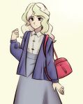  1girl bag blue_jacket blue_skirt commentary dcroah diana_cavendish highres jacket little_witch_academia looking_at_viewer open_clothes open_jacket red_bag shirt shoulder_bag simple_background skirt solo standing white_background white_hair white_shirt 