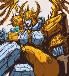  absurd_res armor crossed_legs crossgender cybertronian female food forehead_gem gem gold_(metal) gold_armor green_eyes hasbro hi_res horn humanoid kebab machine membrane_(anatomy) membranous_wings object_vore open_mouth planet_dwarfing planet_vore robot shish_kebab sitting solo spikes takara_tomy transformers unicron_(transformer) vore waaka_horror white_face wings 