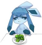 ambiguous_gender blue_body blue_eyes blue_fur bodily_fluids broccoli ears_back eeveelution feral food food_on_plate fur generation_4_pokemon glaceon kirichiiii looking_at_food looking_at_object looking_down nintendo paws pivoted_ears plant plate pokemon pokemon_(species) quadruped simple_background solo sweat vegetable white_background