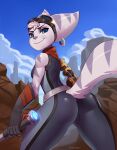  2022 anthro blue_eyes breasts clothing cybernetic_arm cybernetic_limb doomthewolf ear_piercing eyewear eyewear_on_head female fur goggles goggles_on_head hi_res lombax looking_back mammal piercing prosthetic ratchet_and_clank rivet_(ratchet_and_clank) solo sony_corporation sony_interactive_entertainment stripes tight_clothing video_games 