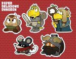  2girls 3boys animal_ears armor backpack bag blonde_hair blue_capelet blue_robe bob-omb brown_hair capelet copyright_name crossover dungeon_meshi facial_hair fake_horns fang goomba hair_ribbon helmet highres holding holding_staff holding_sword holding_weapon horned_helmet horns izutsumi koopa_troopa laios_touden marcille_donato mario mario_(series) mouse_girl multiple_boys multiple_girls no_humans outline paper_mario paper_mario:_the_thousand_year_door red_background red_ribbon red_scarf ribbon robe scarf senshi_(dungeon_meshi) shioinu_kemushi staff sword tail weapon white_outline 