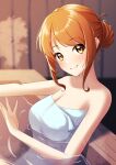  1girl alternate_hairstyle bare_shoulders bath bathing bathtub blurry blush breasts brown_eyes brown_hair cleavage closed_mouth collarbone depth_of_field dot_nose folded_ponytail from_side hands_up highres hojo_karen idolmaster idolmaster_cinderella_girls idolmaster_cinderella_girls_starlight_stage long_hair looking_at_viewer medium_breasts naked_towel partially_submerged reaching ripples smile solo steam towel v3assalut water white_towel 
