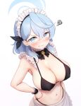  1girl absurdres ako_(blue_archive) alternate_costume apron bare_shoulders bell bikini black_bikini black_bow black_bowtie black_wristband blue_archive blue_eyes blue_hair blue_halo blush bow bowtie breasts choker cleavage covered_nipples earrings frilled_apron frilled_bikini frilled_choker frills greenteamousou hair_between_eyes halo hand_on_own_hip highres jewelry jingle_bell large_breasts long_hair looking_at_viewer maid maid_apron maid_bikini maid_headdress navel parted_lips simple_background solo squiggle stomach string_bikini swimsuit unconventional_maid upper_body waist_apron white_apron white_background wrist_cuffs wristband 