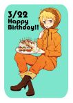  1boy blonde_hair blue_eyes boots cake candle crossed_ankles eating eric_cartman food food_on_face fork full_body fur-trimmed_hood fur_trim happy_birthday holding holding_fork holding_plate hood invisible_chair jacket kenny_mccormick kyle_broflovski long_sleeves looking_at_viewer male_focus pants plate sitting solo south_park stan_marsh strawberry_shortcake yukiguni_(moaism) 