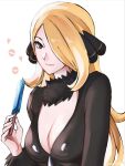  1girl blonde_hair breasts cleavage closed_mouth cynthia_(pokemon) food fur_collar hair_ornament hair_over_one_eye heart highres holding holding_food holding_popsicle large_breasts long_hair looking_at_viewer poke_ball pokemon pokemon_dppt popsicle simple_background smile solo tommy_(kingdukeee) upper_body v-neck white_background 
