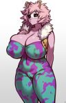  1girl :o absurdres antennae arm_behind_back ashido_mina bangs black_sclera boku_no_hero_academia breasts cleavage coffeelove68 collarbone colored_sclera covered_nipples cowboy_shot eyebrows_visible_through_hair fur_trim hand_on_own_chest highres huge_breasts looking_at_viewer messy_hair pink_hair short_hair solo standing thighs vest yellow_eyes 