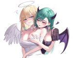  2girls :p aizawa_ema angel angel_and_devil angel_wings arm_between_breasts bare_shoulders between_breasts black_choker blonde_hair blue_eyes blue_hair blunt_bangs blush breast_press breasts choker demon demon_girl demon_horns demon_tail demon_wings dress ear_piercing earrings feathered_wings grabbing grabbing_another&#039;s_breast grabbing_from_behind gradient_hair green_hair hair_behind_ear hair_flaps halo hand_on_another&#039;s_shoulder heart highres horns hqppy0120 jewelry large_breasts long_hair mole mole_on_breast multicolored_hair multiple_girls nose_blush off-shoulder_dress off_shoulder piercing purple_eyes simple_background swept_bangs tail tongue tongue_out traditional_halo very_long_hair virtual_youtuber vspo! wavy_mouth white_background white_choker white_dress white_wings wings yakumo_beni 