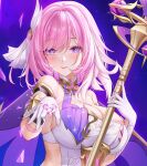  1girl bare_shoulders blush breasts cleavage closed_mouth clothing_cutout crystal_shard detached_sleeves elf elysia_(herrscher_of_human:ego)_(honkai_impact) elysia_(honkai_impact) gloves hair_between_eyes hair_ornament highres holding holding_staff honkai_(series) honkai_impact_3rd large_breasts looking_at_viewer pink_eyes pink_hair pink_pupils pointy_ears purple_background shirt short_hair short_sleeves side_cutout sideboob smile solo staff triquetra white_gloves white_shirt yuli_you_gua 
